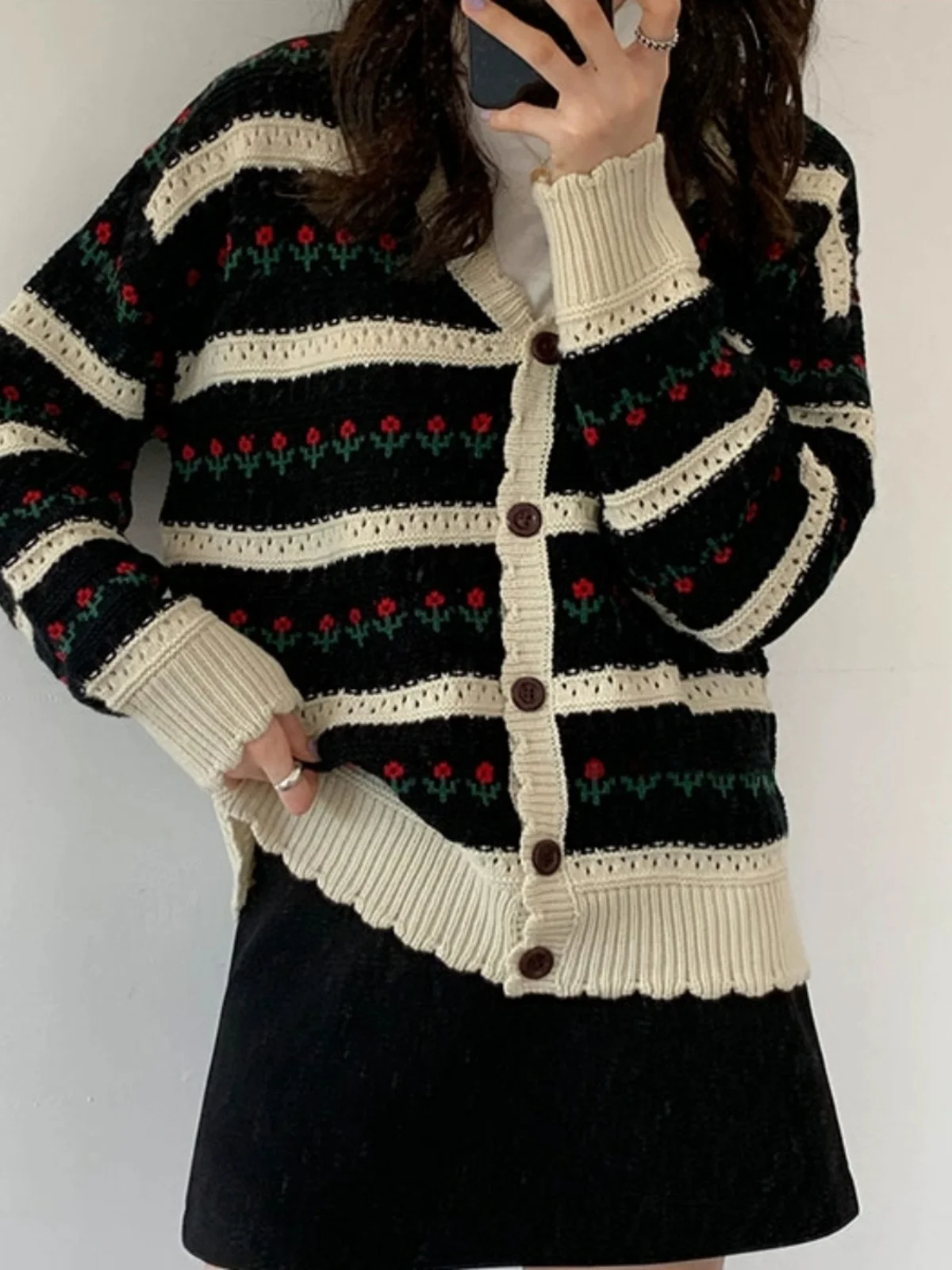 

Korean Stripe Vintage Faion Open Cardigan Sweater Women's Spring Autumn V-ne Loose ort Knitted Outerwear