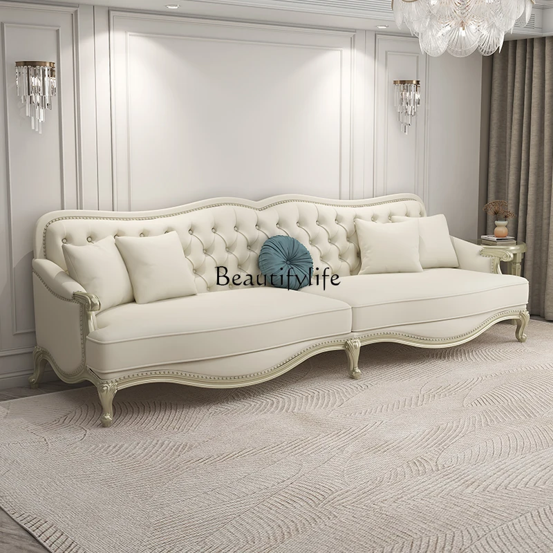

American light luxury leather sofa living room combination modern simple European villa French solid wood sofa