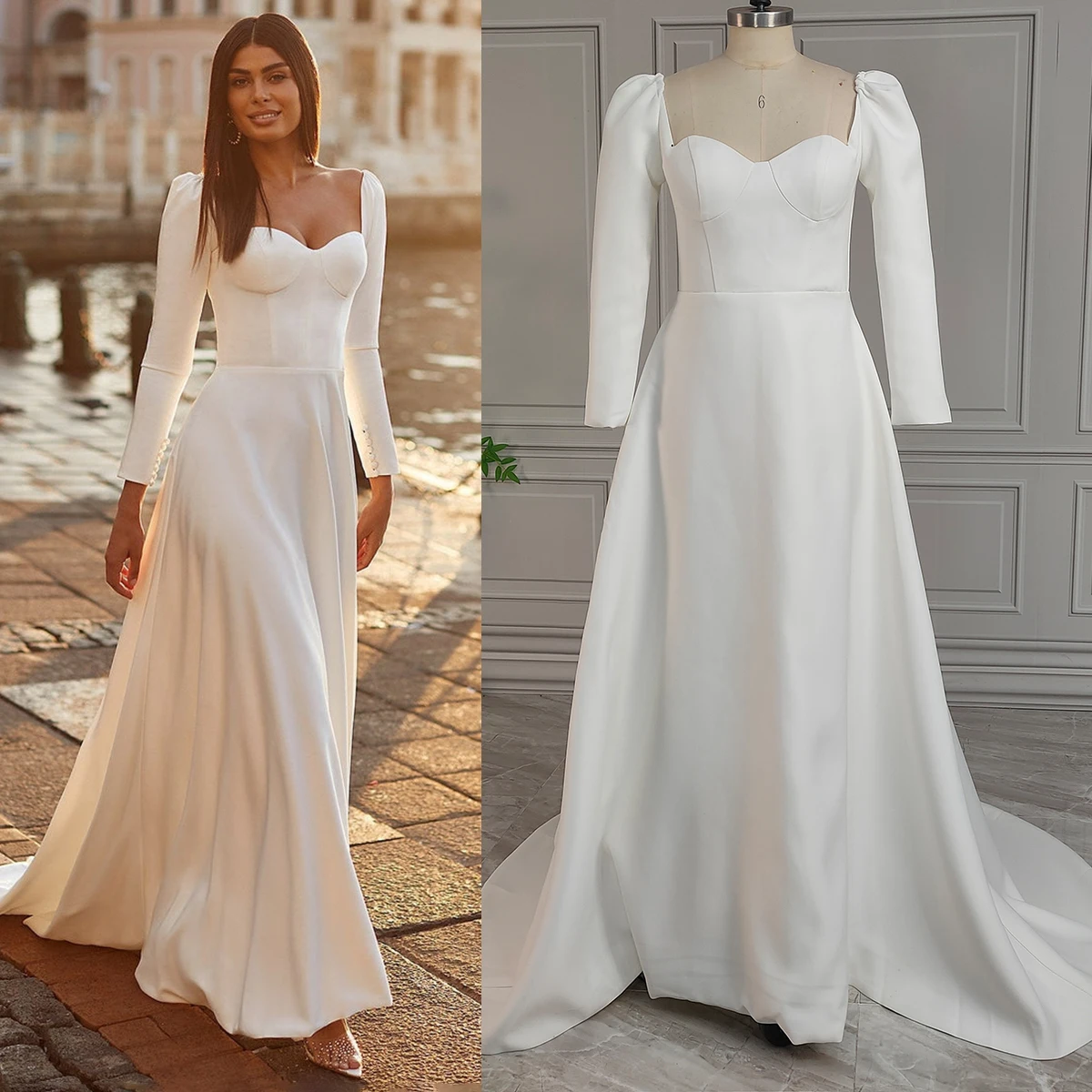 Customized Matte Satin Bridal Dress Long Fitted Sleeves Sweetheart A Line Backless Ivory Elegant Real Picture Wedding Gowns
