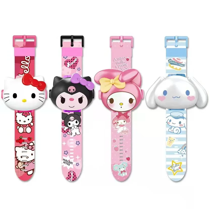 Kawaii Sanrio Hello Kitty Toys Set 3D Projection Digital Watch Cinnamoroll Kuromi Melody Anime Action Figures Model Toy Kid Gift