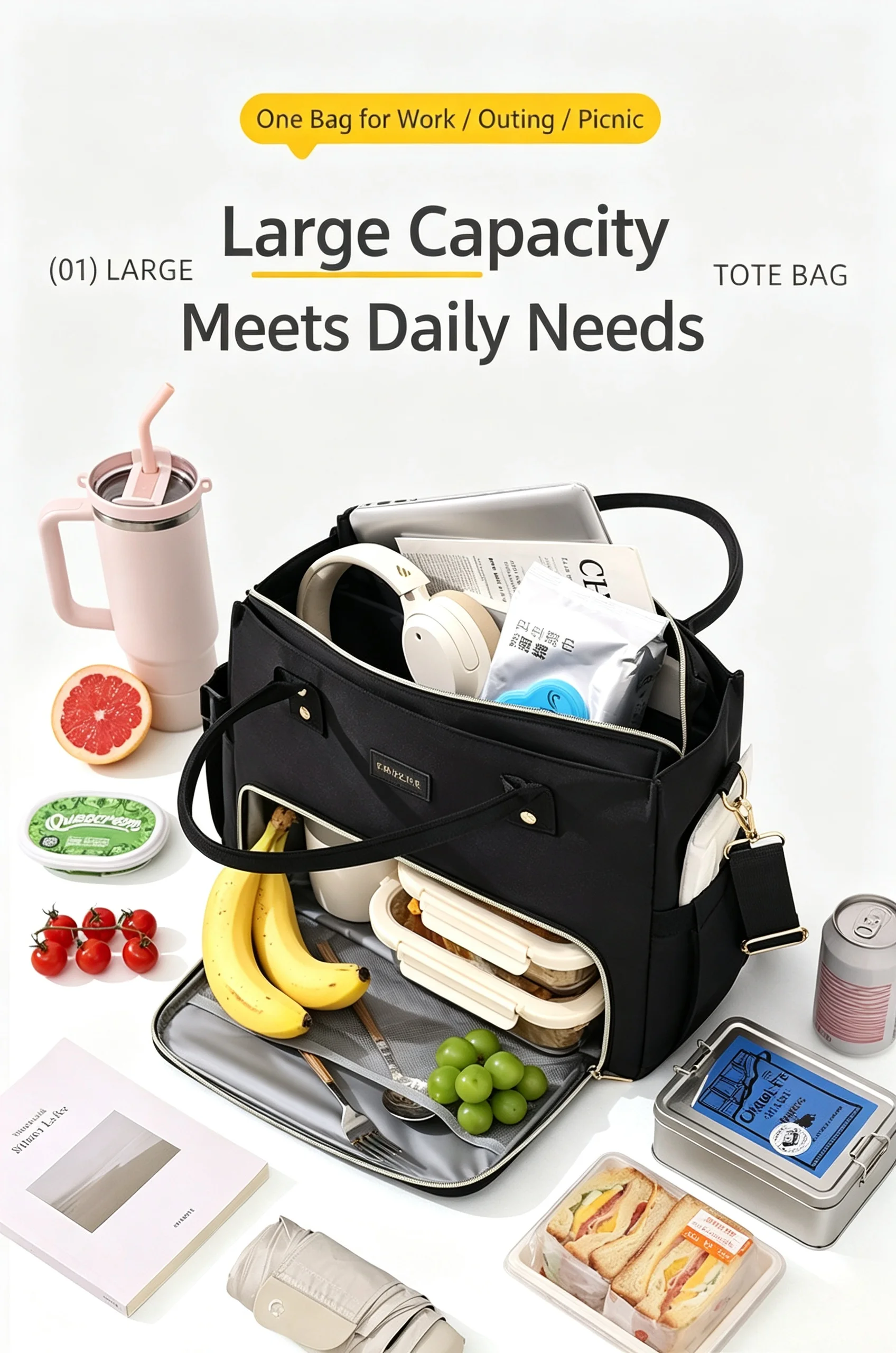 Wide Opening Insulated Lunch Bag, Multi-Pocket Thermal Cooler Tote with Flip Mesh Layer, Leakproof Lunch Handbag for Adults Work