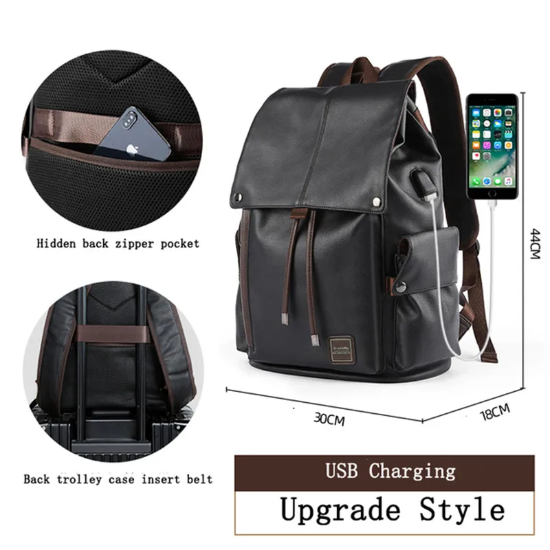 AIGO Men Backpack PU Leather Vintage For Teenager Laptop PC Portable Bags Designer Boys Travel Backpack School Luxury Mochila