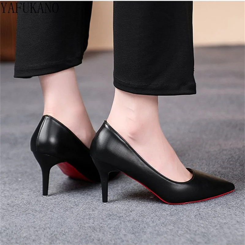 6cm/8cm Women Pumps Classic Fashion Matte Leather High Heels Black Career Work Commuting Shoe Lady Stiletto Red Sole Heels 42 43