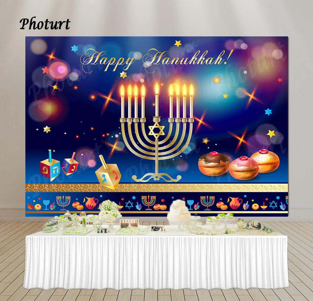 PHOTURT Happy Hanukkah Backdrop Holiday Festival Decoration Photography Banner Golden Glitter Candle Background Decorate Props