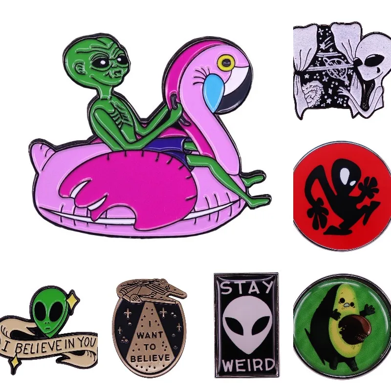 Hard Enamel Pins Green Alien Spaceship Cute Cat UFO Avocado Bags Lapel Badge Cartoon Brooches Jewelry Gift For Friends Wholesale