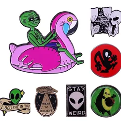 Hard Enamel Pins Green Alien Spaceship Cute Cat UFO Avocado Bags Lapel Badge Cartoon Brooches Jewelry Gift For Friends Wholesale