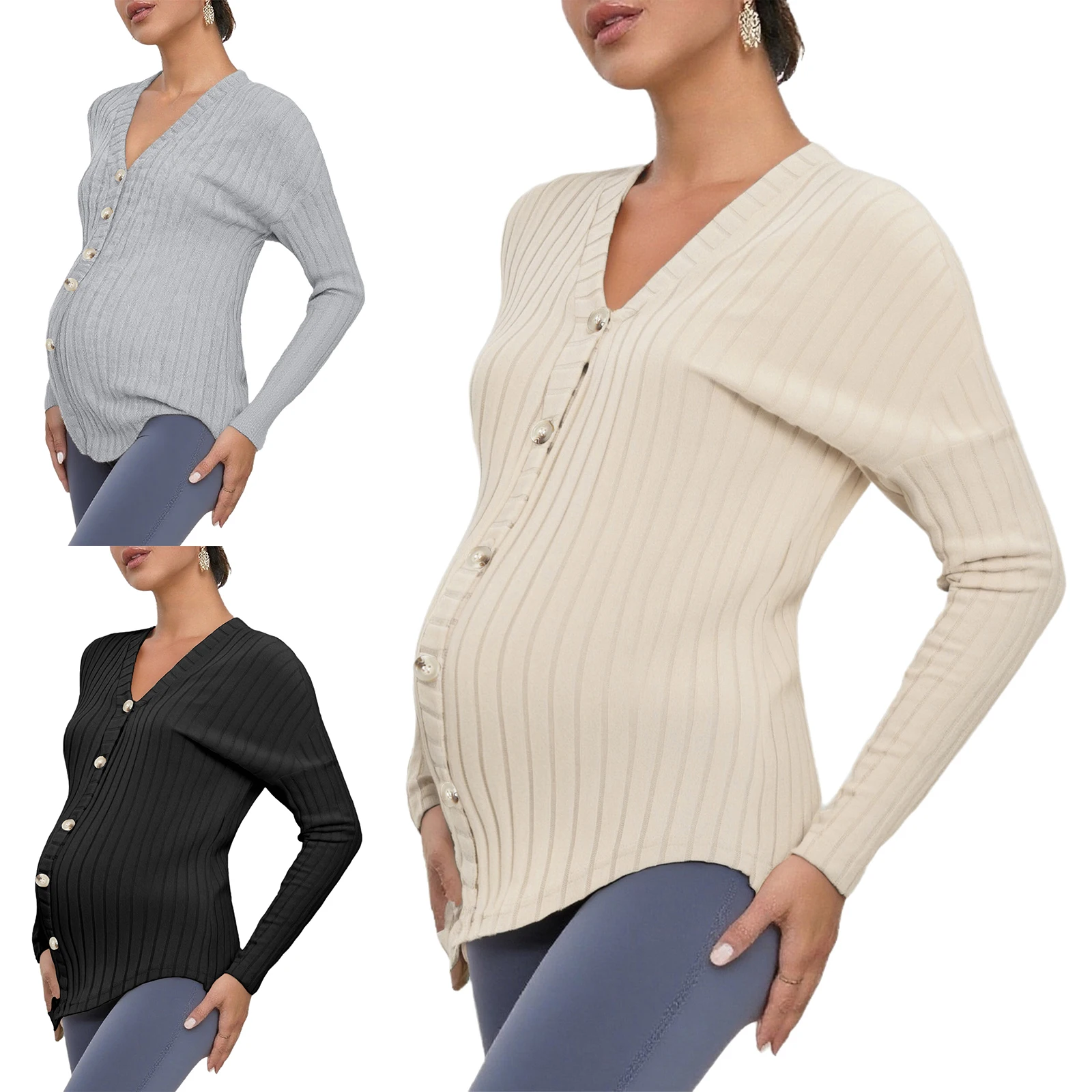 

Maternity Rib Knit Cardigan Tops V-neck Long Sleeve Button Down Shirt Tee Top Pregnancy Women Clothes Dating Work Daily Wear