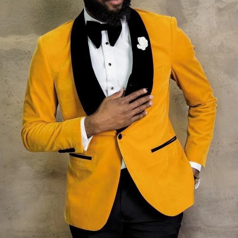 Elegant Yellow Velvet Men\'s Suits for Wedding Dinner 2 Piece Groom Tuxedo Best Man Blazer with Black Pants 2024 Male Fashion