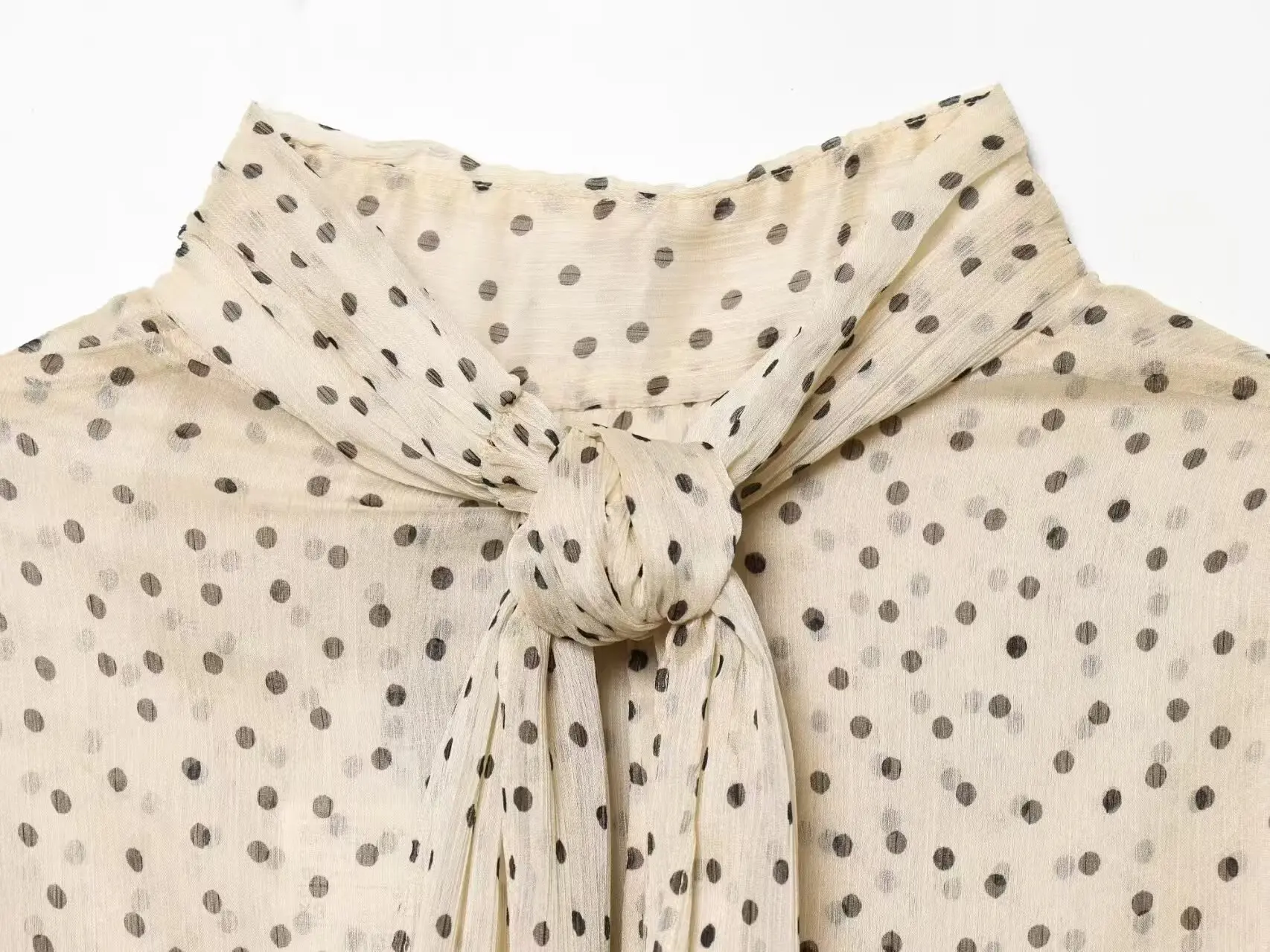 Spring Autumn Women Apricot Polk Dot Print Chiffon Shirt Tie Bow Collar Flare Long Sleeve 2 Layers Hem Pullover Blouses Tops 6
