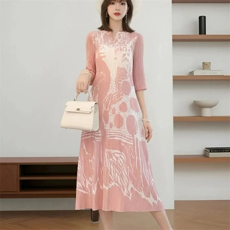 Women's Dress ink Painting Printing Loose Elegant  Pleated Pink Dress Temperament Commuter Pleated Five-point Sleeve Loose Dress