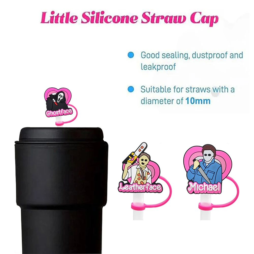 Pink Halloween Movie Cartoon Silicone Straw Topper,Straw Caps for Glass Cup,with 30&40Oz Tumbler with Handle Dust-Proof Reusable