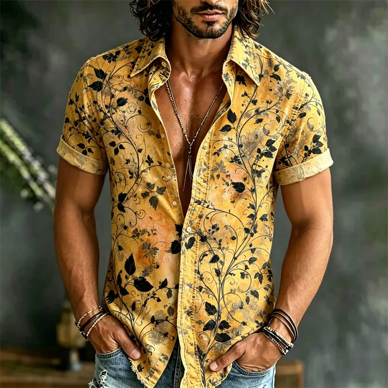New retro black and white octopus sea monster men's short sleeved shirt distressed art lapel casual beach shirt