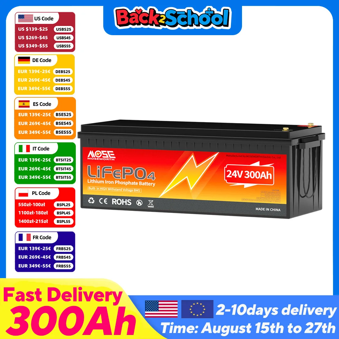 

MOSEWORTH 24V 300Ah LiFePO4 Battery with 200A BMS 10000+ Deep Cycles Rechargeable Lithium Iron Phosphate Battery for RV