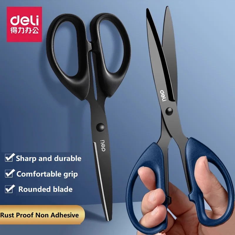 Deli Black Blade Stainless Steel Art Scissors ,Rust Proof Durable Non Adhesive Scissors Office Students Practical Cutting Tools