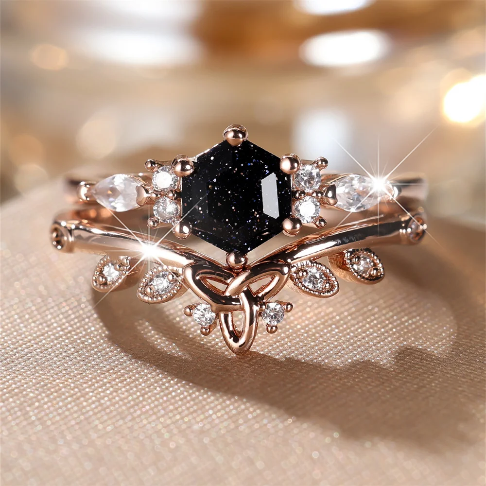 2pcs Luxury Crystal Hexagon Stone Engagement Promise Ring Sets For Women Rose Gold Color White Zircon Flower Wedding Jewelry