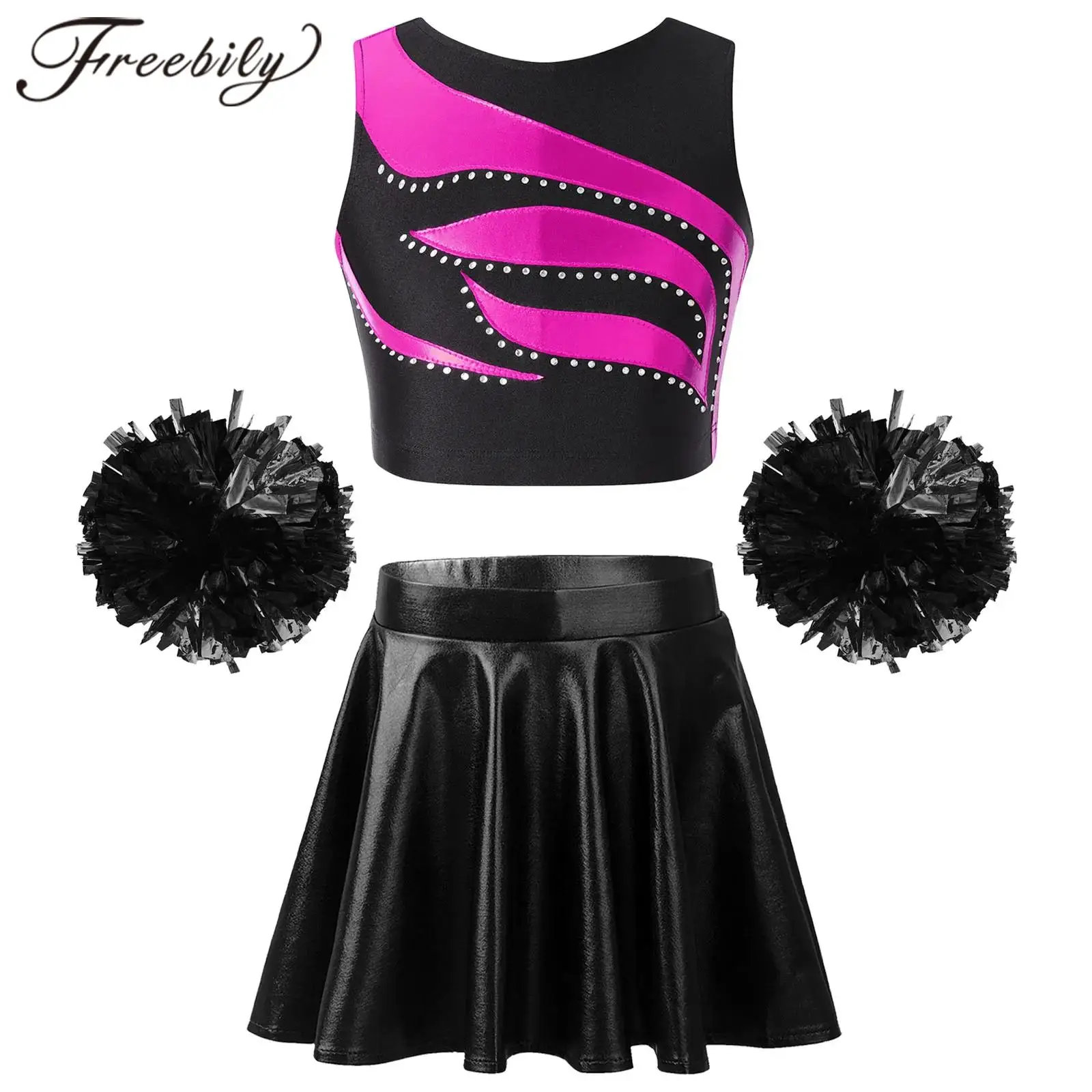 

Kids Girls Cheerleading Uniforms Children Cheerleader Costumes Sleeveless Cheer Dance Outfit with Hand Flowers Dancewear Sets