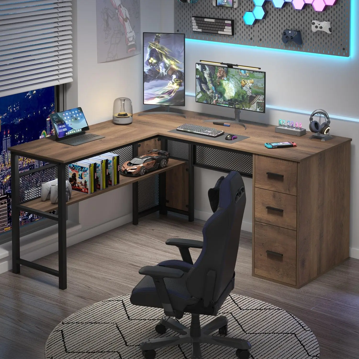 مكتب على شكل حرف L، مكتب كمبيوتر كبير، مكتب ألعاب تنفيذي قابل للعكس، طاولة خشبية معدنية، بلوط ريفي 59 بوصة #4