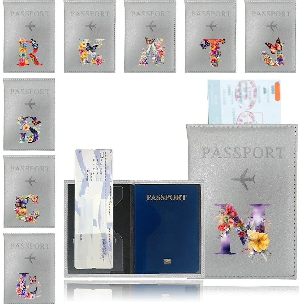 Silver Color PU Passport Holder Ticket Passport Covers Butterfly Letter Series Cover ID Credit Card Holder Travel Accessories