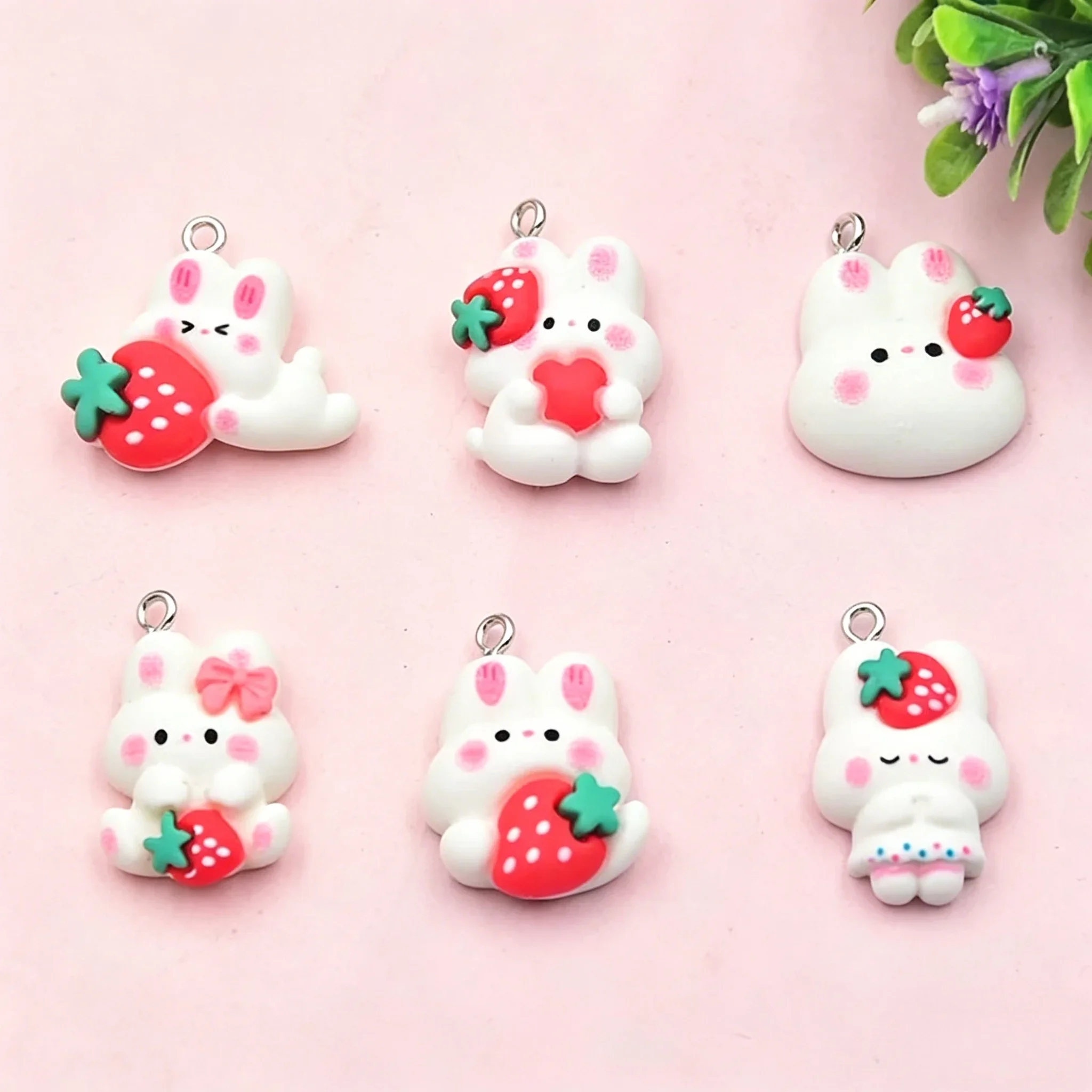 10Pcs Cute Strawberry Bunny Resin Charms, Kawaii Rabbit Pendants for DIY Keychain Earring Necklace Jewelry Making