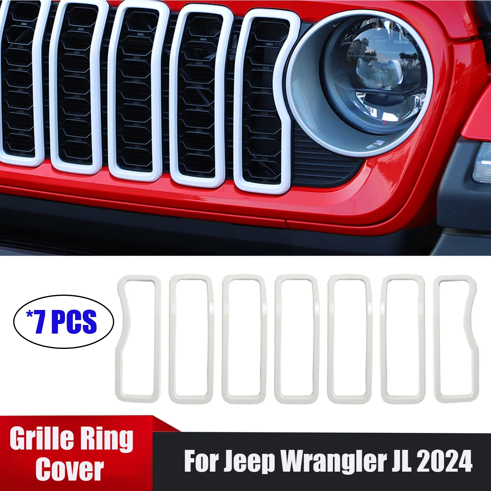 For Jeep Wrangler JL 2024 7PCS Car Accessories Grille Ring Cover Cover Decorative ABS Exterior Front Trim White Red Blue Black