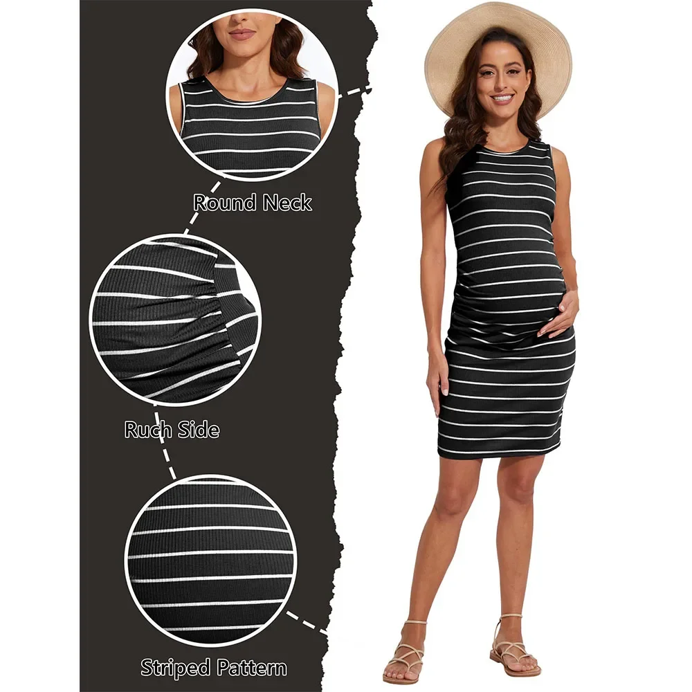 2024 Summer Women\'s Maternity Sleeveless Tank Dresses Side Ruching Bodycon Dress for Daily Wearing or Baby Shower