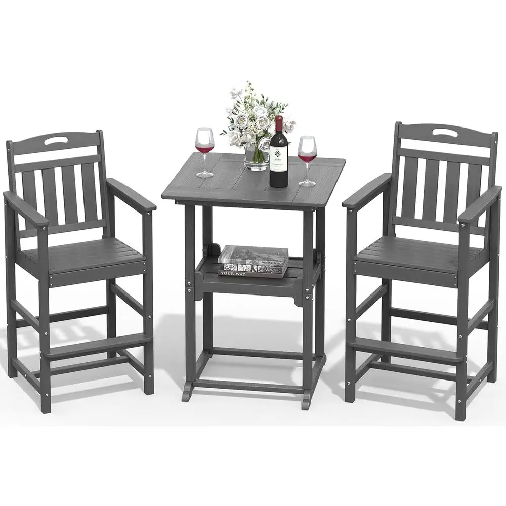

Outdoor Patio High Top Table Set with 2 Weather-Resistant Adirondack Chairs, Grey