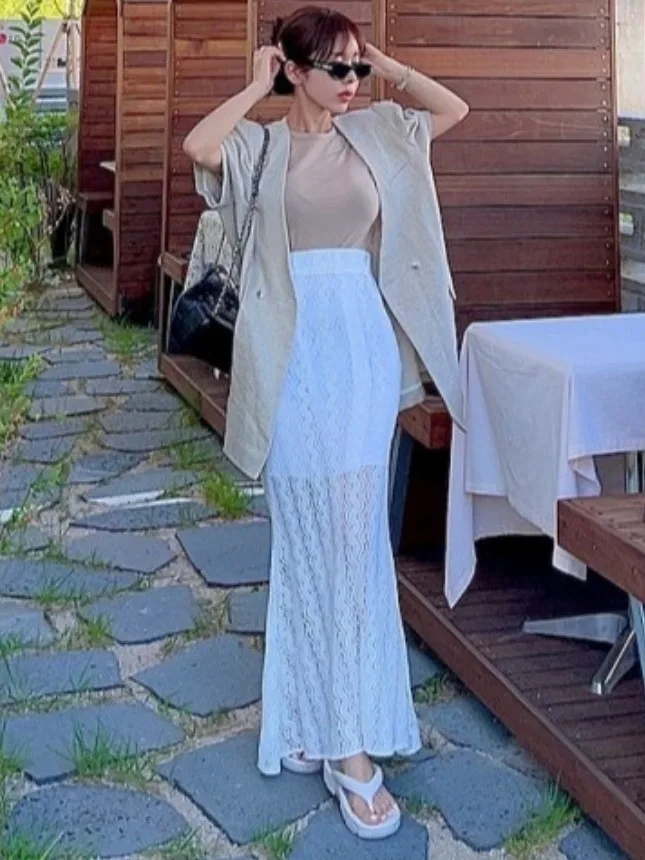 

Ele Chiffon ter Ne Midi Dr Women's Faionable Summer Skirt Slimming Lace Trim Fi Tail Skirt Busin Casual Sle