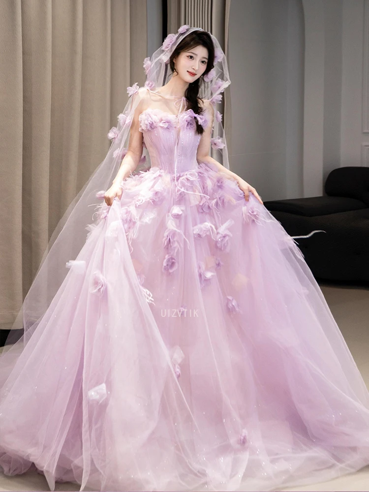 Luxury Flower Applique Wedding Dresses Women Strapless 3D Flowers A-Line Bridal Gown Customized Elegant Prom Evening Party Dress