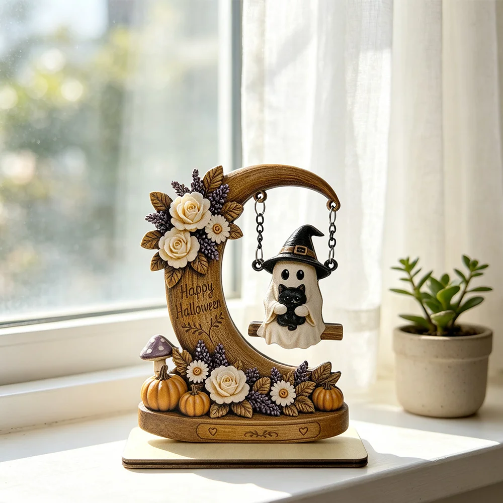 Ghost Swing Ornament on the Moon, Halloween Decorative Cradle Ornament, Wooden Doll Book-Keeping Ornament, Bookshelf Library Scene Atmosphere Ornament, Suitable for Halloween, Autumn Harvest Season, Thanksgiving, Autumn and Winter Christmas Season, Can Be Used for Holiday Decorations, Window Displays, Party Arrangements, Indoor Use, Fireplace, Wall Shelves, Home Decor, Windowsills, Tabletops, Entryway Displays, Halloween Gifts, Autumn Harvest Themed Souvenirs