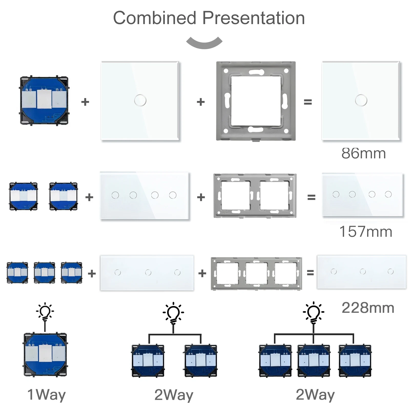 BSEED 1/2/3Gang Wall Touch Switch 1/2/3Way Function Base Stair Switches Spare Parts Sensor Glass Panel DIY Free Combination