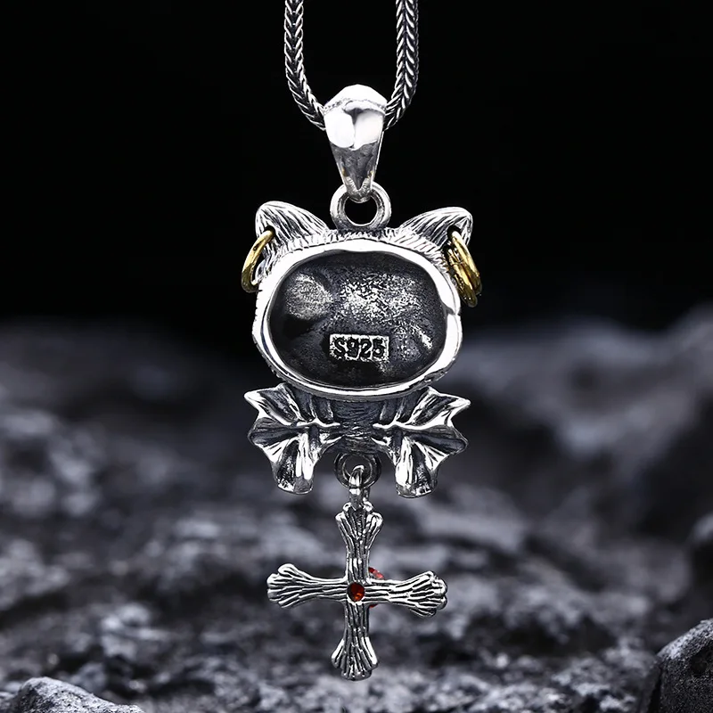 925 Sterling Silver Unique Gothic Black Cat Demon Necklace Pendant Vintage Style Oxidized Jewelry Unisex Gift