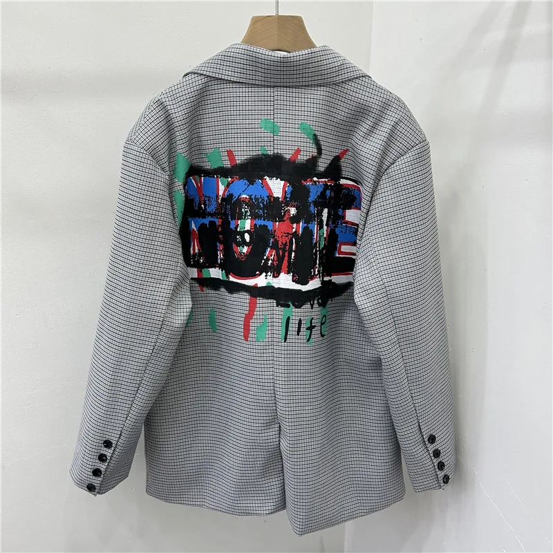 Gray Graffiti Letters Plaid Blazer Jacket Women Outerwear Big Pocket Long Sleeve Suit Jacket Coat Female Korean Casual Blazers