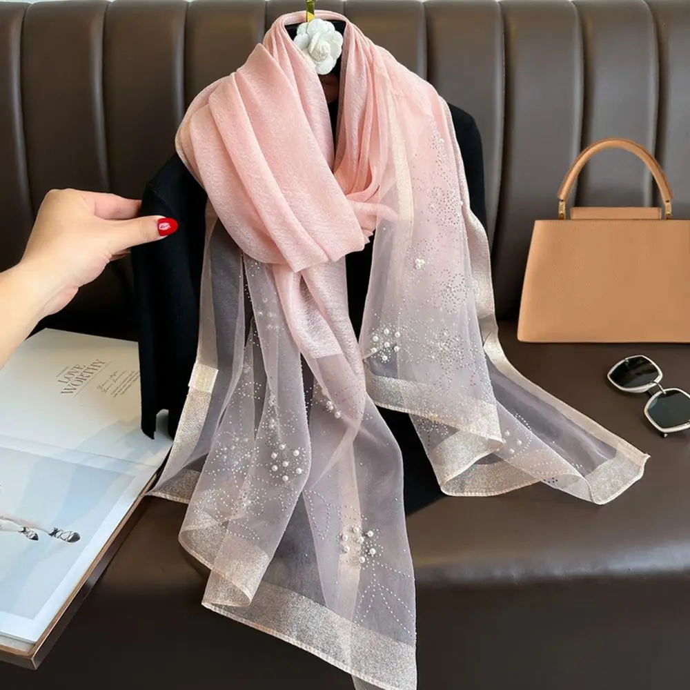 Elegant Organza Silk Scarf with Beads Solid Color Embroidery Flowers Pearl Solid Shawls 190*70cm Long Scarves For Women Hijab