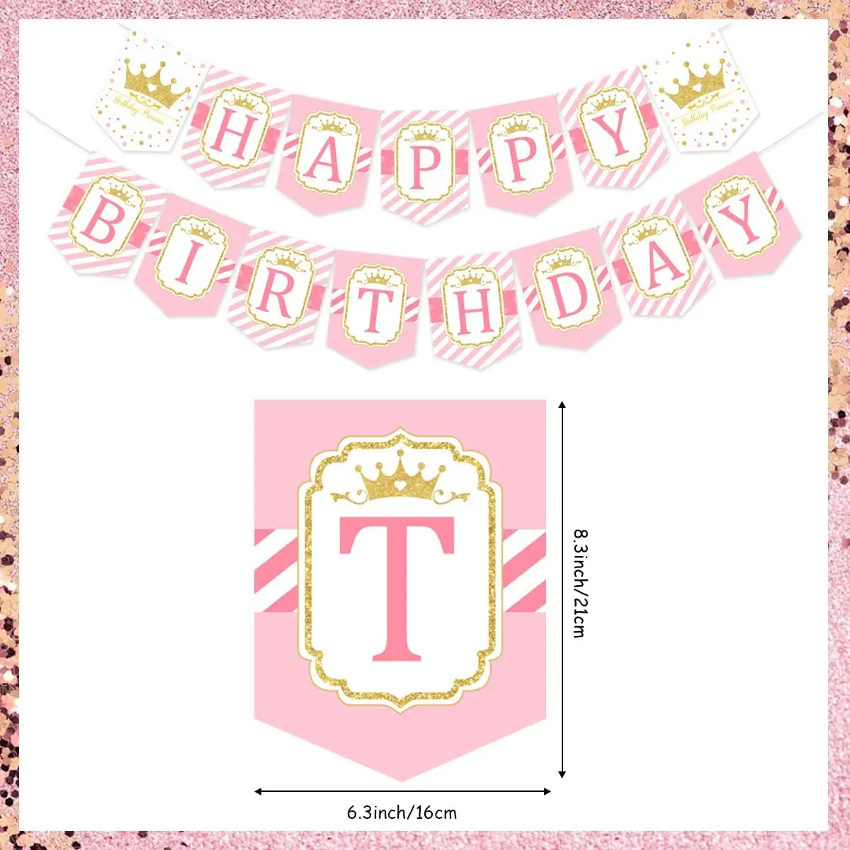 Sursurprise Princess Birthday Banner for Girl, Pink and Gold, Happy Birthday Photo Banner, Theme Party Decorations