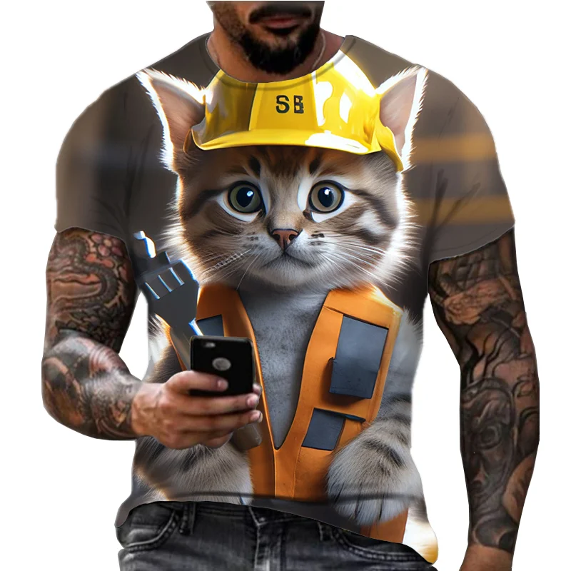 2024 Summer New T-shirt 3D Printed Animal Cat Men's Short sleeved Round Neck Street Fashion Clothing for Women