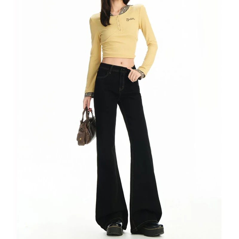 2025 mujeres coreanas sólido fino Jeans nueva moda para chicas pantalones de pierna recta de cintura alta señora Chic Slim Fit pantalones de mezclilla