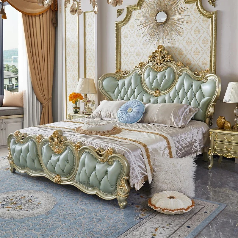 Factory Direct 2026 European luxury leather double bed 1.8 meters large apartment villa master bedroom full solid wood bed 1.5 m