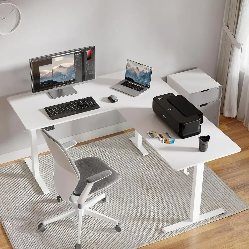 Electric Adjustable Height L-Shaped Desk, 63x55 Ergonomic Sit-Stand Desk with 3 Memory Positions, Suitable for Home or Office
