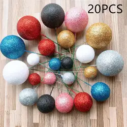 20Pcs Glitter Ball Happy Birthday Cake Topper Pink Gold Wedding Party Gift Cake Toppers for Christmas Party Dessert Decoration