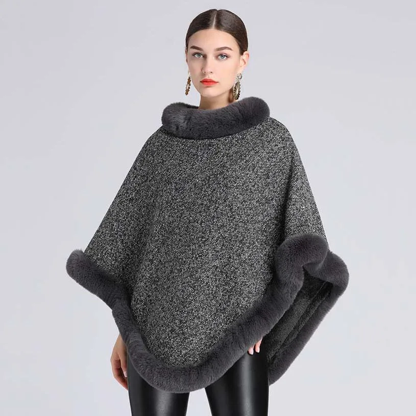 

Fashion Thicken Full Faux Fur Trims Weave Poncho Cape Women Autumn Winter Pullover Coat Warm Party Leisure Cloak