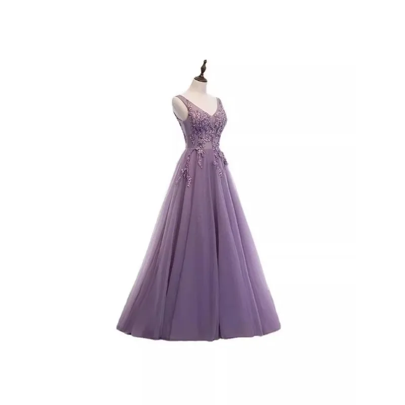 2024 Gorgeous Evening Dresses for Women Sexy V Neck Crystal Beaded Beads Backless Spaghetti Straps Formal Purple Prom Gown