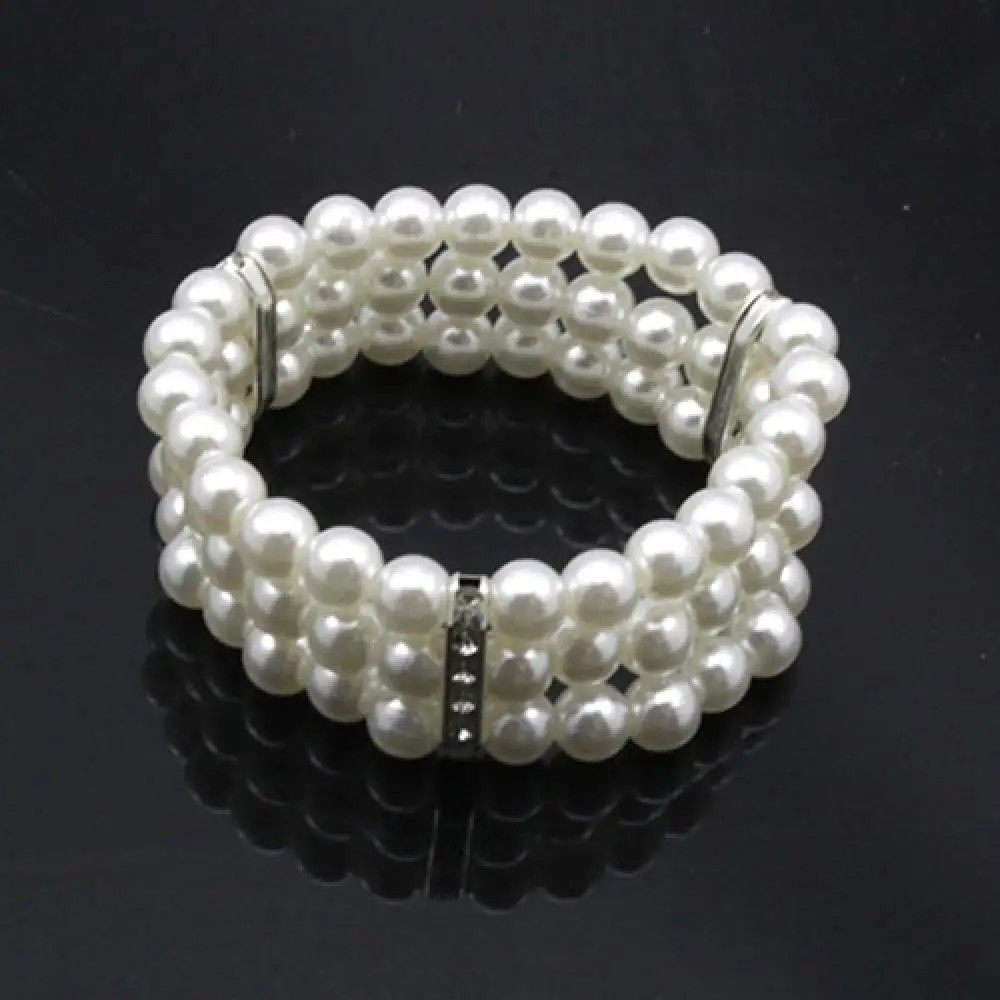 3 Rows Faux Pearl Rhinestone Decor Elastic Stretchy Bangle Bracelet Crystal Faux Pearl Multi Layer Wide Bangles Pulseras Mujer