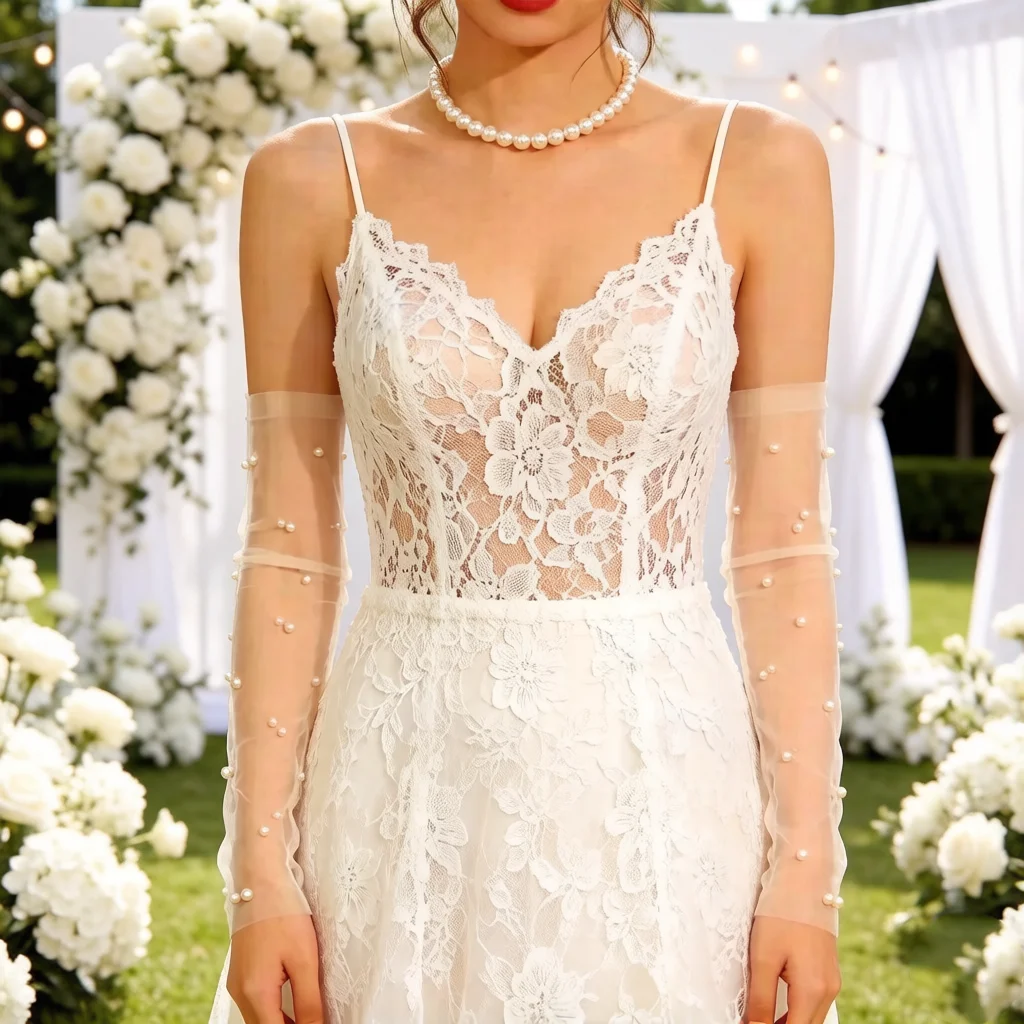 

Women Wedding Arm Decoration Beads Mesh Lace Bridal Gown Mittens Pearl Long Gloves Banquet Finger Less Gloves Party Cosplay
