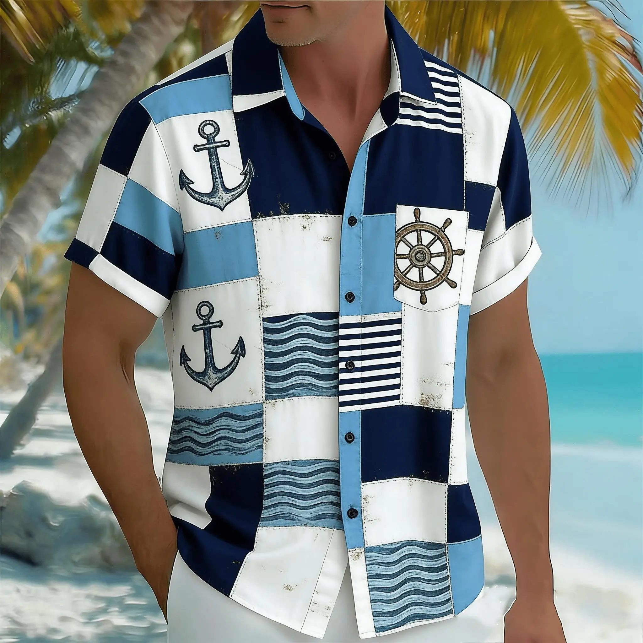 Men's Nautical Patchwork Print Short Sleeve Shirt, Coastal Style Button Down for Spring Summer Vacation