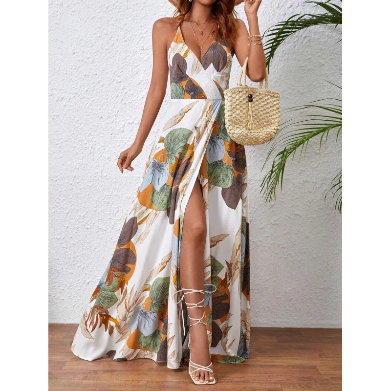 Vestido maxi feminino com estampa floral, alça espaguete, costas abertas, bainha dividida, boho, praia, festa, vestido longo casual