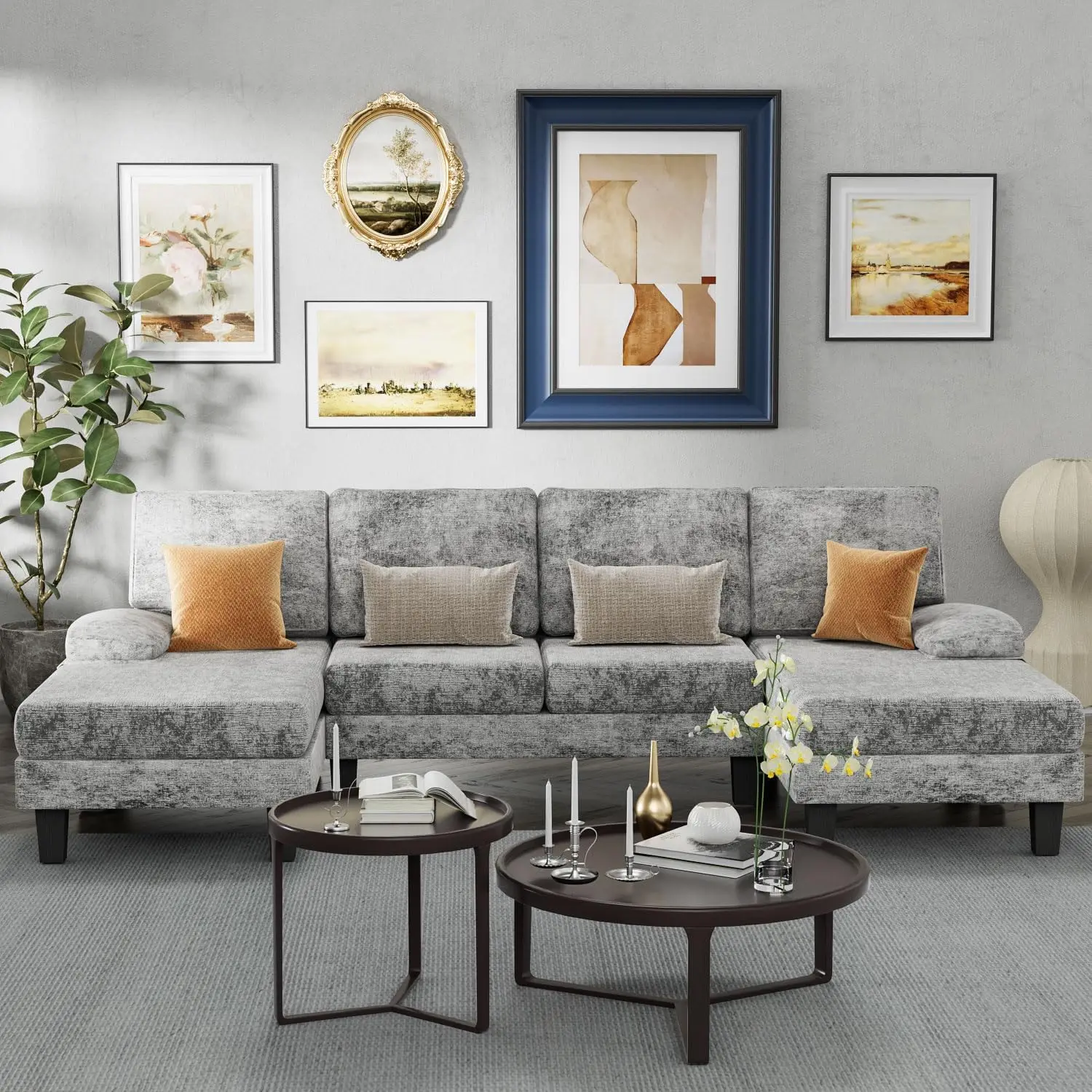 

Sectional Couch Living Room Sets Chenille Fabric U-Shaped Sofa with Double Chaises, 50"D x 110.2"W x 33.4"H, Gray