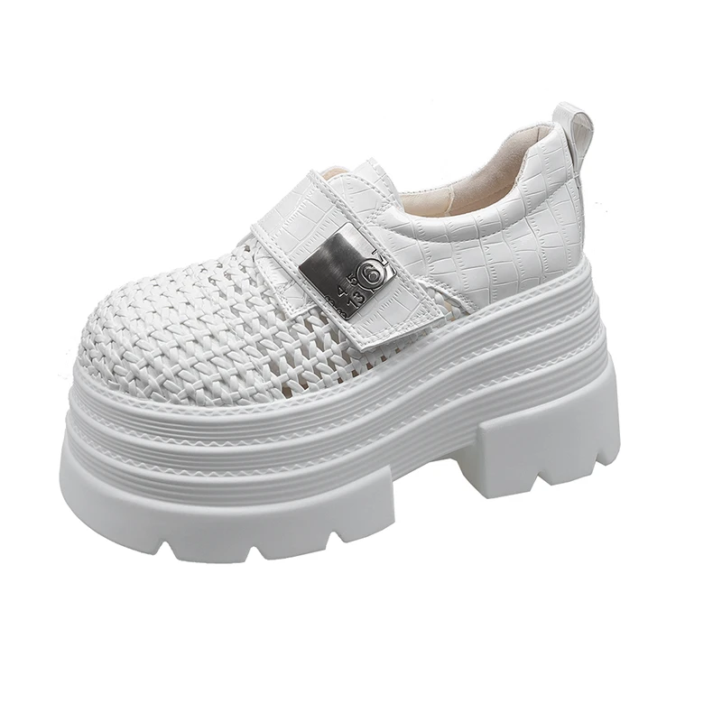 

8CM Women's Platform Slip-On Shoes Thick Bottom New Summer Hollow Leather Chunky Sneakers Breathable Outdoor High Heels Sandals