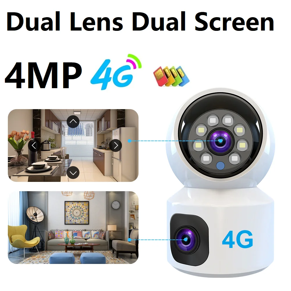 Sim Card 4G Camera Indoor 4MP Dual Lens Dual Screen Baby Monitor Auto Tracking motion Detection Home Secuiryt Video Surveillance