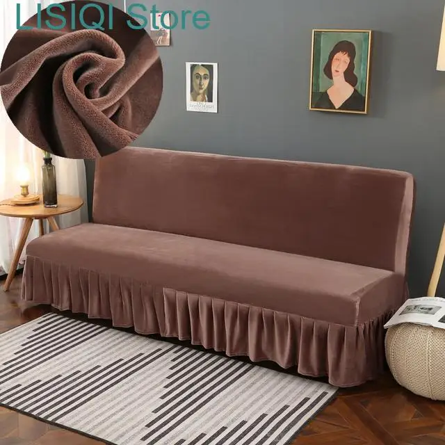 New Velvet Armless Sofa Shape Sofa Cover Fitted Couch Cover Universal Stretchable Durable Furniture Protector with Skirt