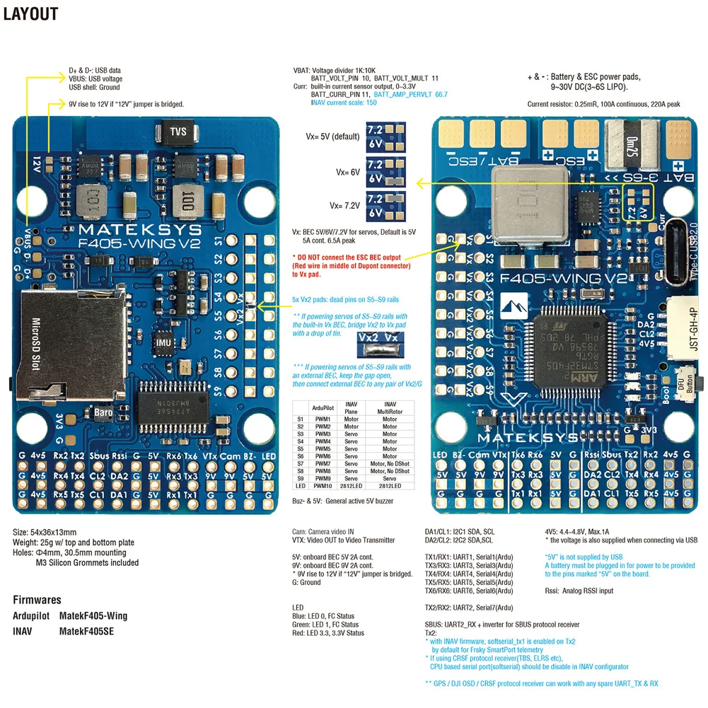 Auf Lager Matek Mateksys F405 WING V2 Flight Controller Integrierter ICM42688P OSD SD Slot für ArduPilot / INAV Rc Spielzeug Flugzeugmodell